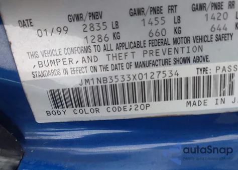 1999 Mazda Mx-5 Miata Leather Pkg/Popular Equipment Pkg/Sports Pkg/Touring Pkg z USA, uszkodzony, nr VIN JM1NB3533X0127534